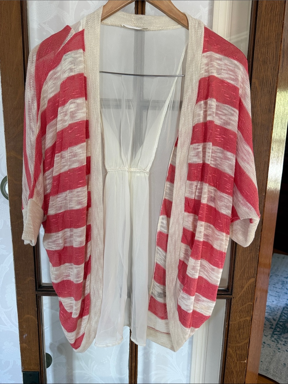 Lush oversized open-Front Striped Cardigan in coral and Cream